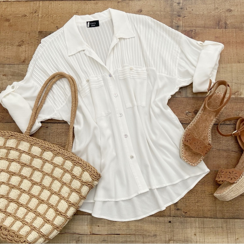 Creamy White Pleated Button Down Blouse OVERSIZED FIT by Vici
